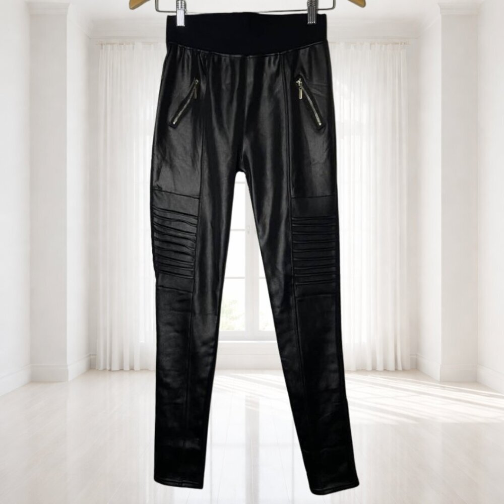 Julia Faux Leather Moto Pull On Pants S/M Black Edgy Minimalist Biker Leggings - Picture 2 of 12
